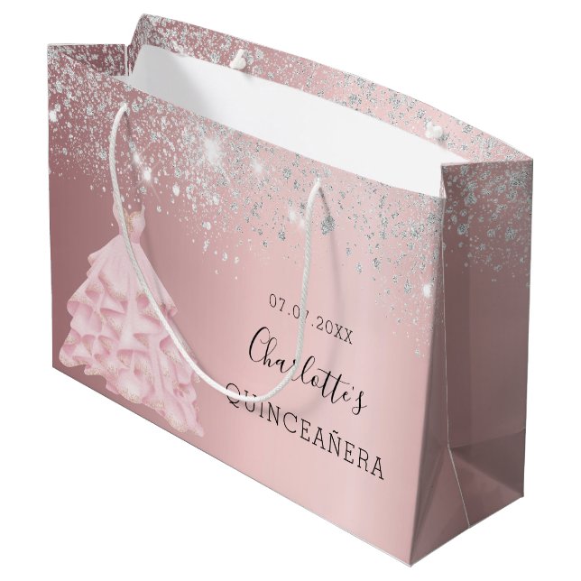 Quinceanera blush pink silver glitter dress glam large gift bag (Back Angled)