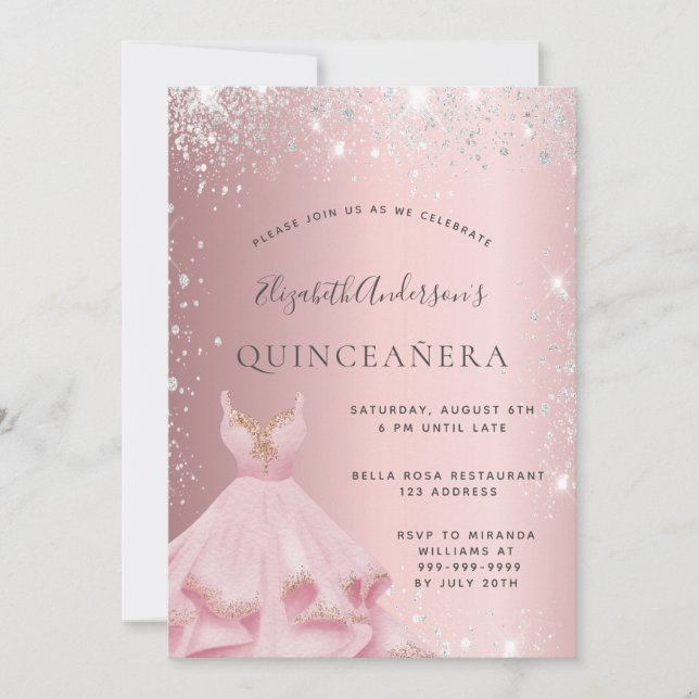 Quinceanera blush pink silver glitter dust dress invitation (Front)