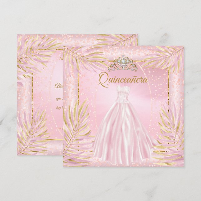 Quinceanera Blush Pink Tiara Dress Birthday Party Invitation (Front/Back)