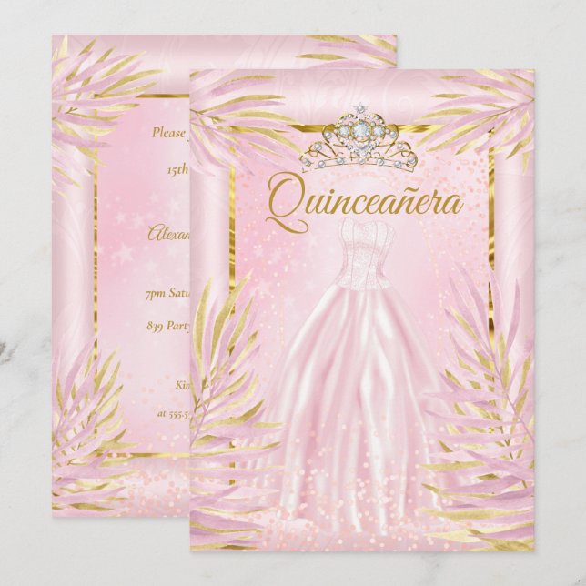 Quinceanera Blush Pink Tiara Dress Birthday Party Invitation (Front/Back)