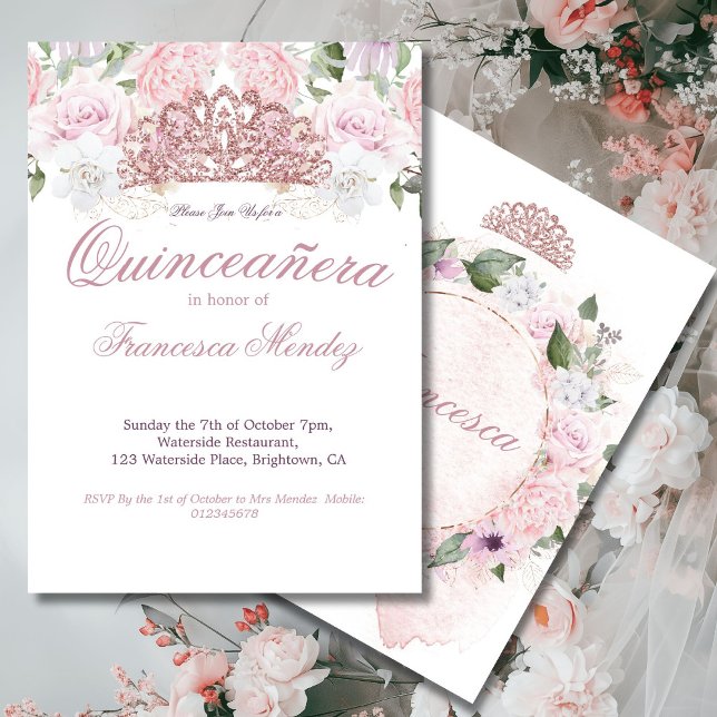 Quinceanera Blush Pink Tiara Floral   Invitation (Creator Uploaded)