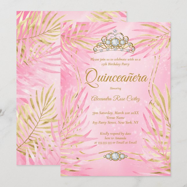 Quinceanera Blush Pink Tiara Palms Birthday Party Invitation (Front/Back)