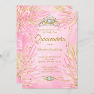 Quinceanera Blush Pink Tiara Palms Birthday Party Invitation