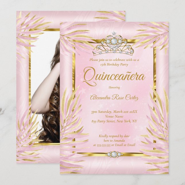 Quinceanera Blush Pink Tiara Photo Birthday Party Invitation (Front/Back)
