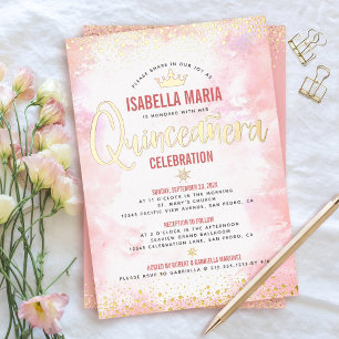 Quinceañera Blush Pink Watercolor Crown Real Gold