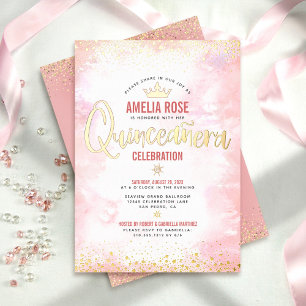 Quinceañera Blush Pink Watercolor Crown Real Gold