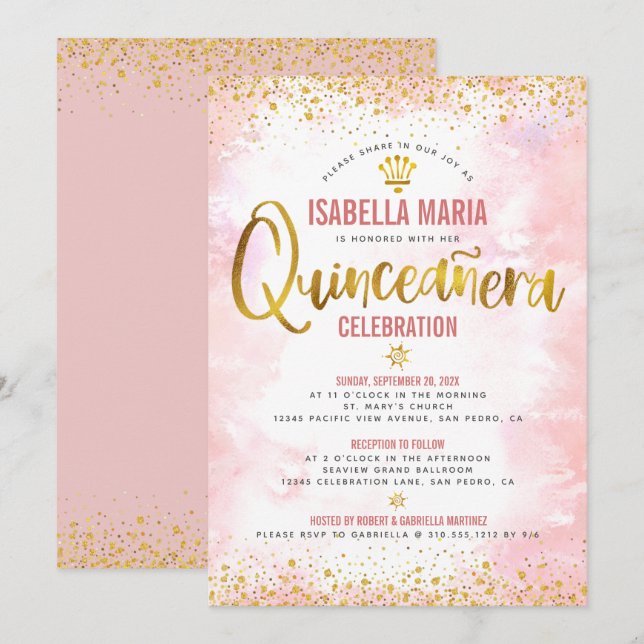 Quinceañera Blush Pink Watercolor Gold Foil Girly  Invitation (Front/Back)