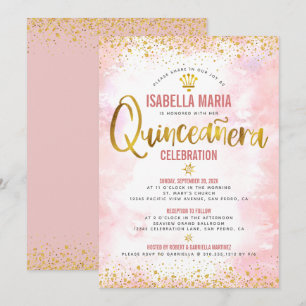 Quinceañera Blush Pink Watercolor Gold Foil Girly  Invitation