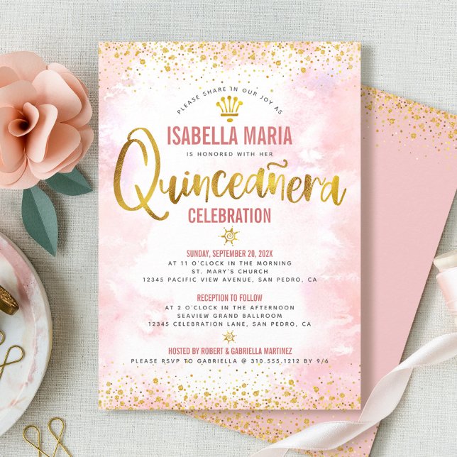 Quinceañera Blush Pink Watercolor Gold Foil Girly  Invitation (Creator Uploaded)