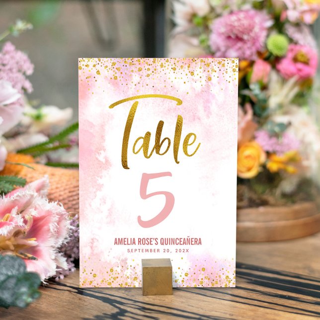 Quinceañera Blush Pink Watercolor Gold Glitter Table Number (Creator Uploaded)