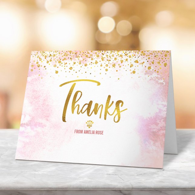 Quinceañera Blush Pink Watercolor Gold Glitter Thank You Card (Creator Uploaded)