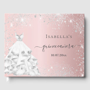 Quinceanera blush pink white dress glitter guest book