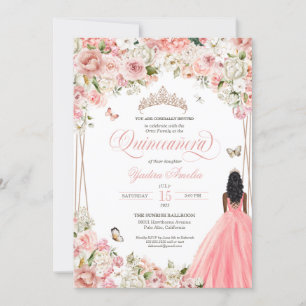 Quinceanera Blush Pink White Floral & Butterfly In Invitation