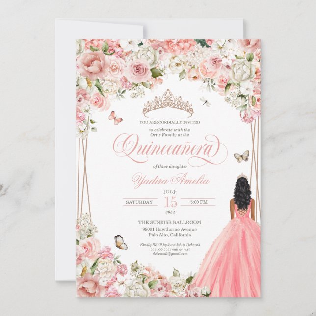 Quinceanera Blush Pink White Floral & Butterfly In Invitation (Front)