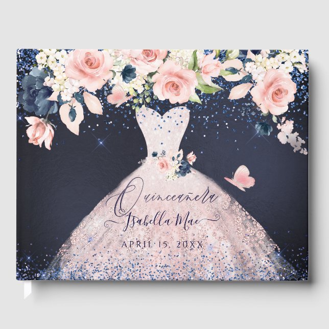 Quinceanera Blush Princess Glitter Gown Confetti G Guest Book (Front)