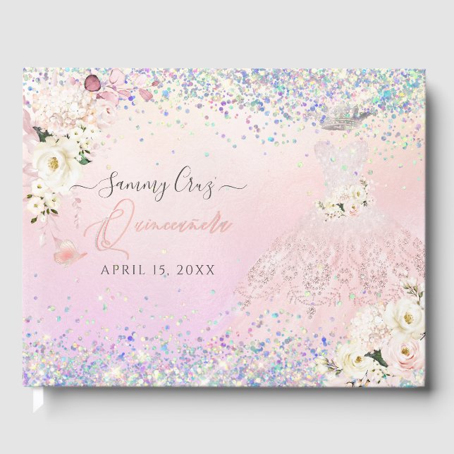 Quinceanera Blush Princess Glitter Gown Confetti G Guest Book (Front)