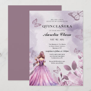 Quinceañera Blush  purple Floral Butterfly  Invitation