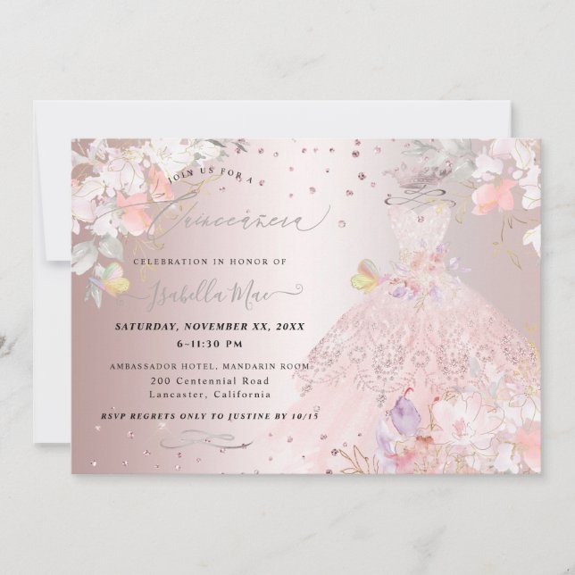 Quinceanera Blush Rose Glitter Gown Sweet Peas Invitation (Front)