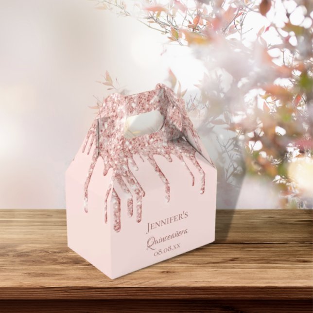 Quinceanera blush rose gold glitter drips name favour box (Creator Uploaded)