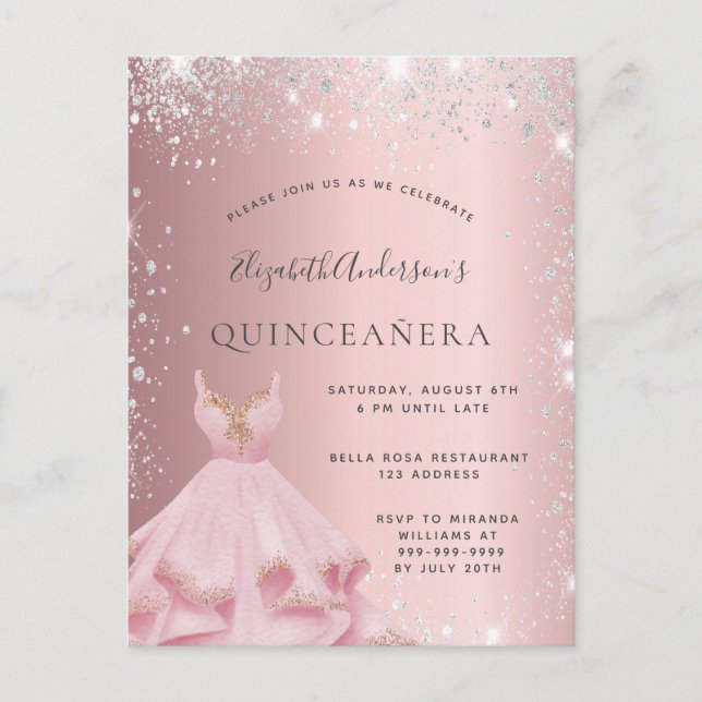 Quinceanera blush silver glitter dust dress invitation postcard (Front)