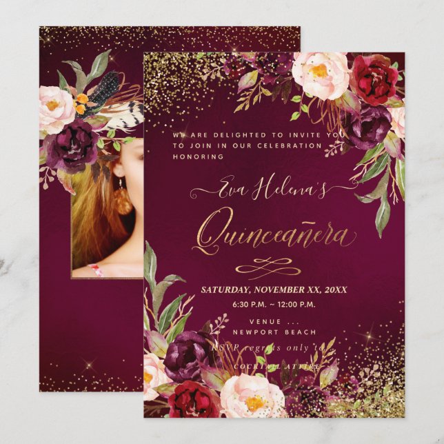 Quinceañera, Blush Watercolor Flowers DIY Burgundy Invitation (Front/Back)