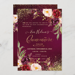 Quinceañera, Blush Watercolor Flowers DIY Burgundy Invitation