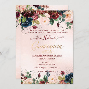 Quinceañera, Blush Watercolor Flowers DIY Sangria Invitation
