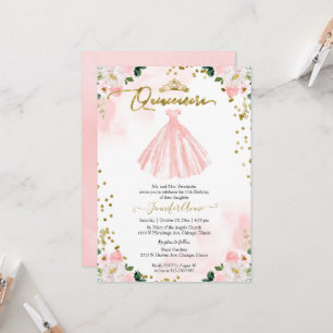 Quinceanera Blush Watercolor Flowers Pink Dress Invitation