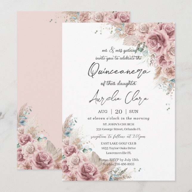 Quinceañera Boho Blush Dusty Rose Floral Pampas Invitation (Front/Back)