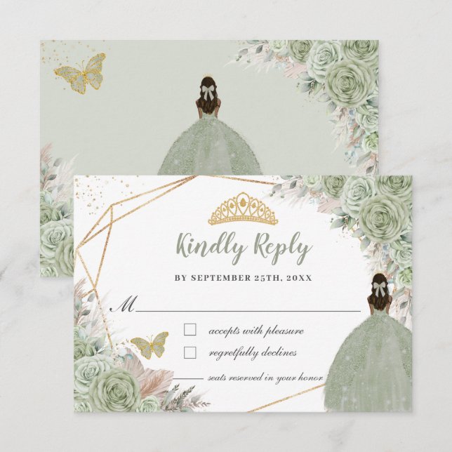 Quinceañera Boho Pampas Grass Sage Green Floral RSVP Card (Front/Back)