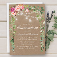 Quinceanera Botanical Green Pink Floral Wood Kraft