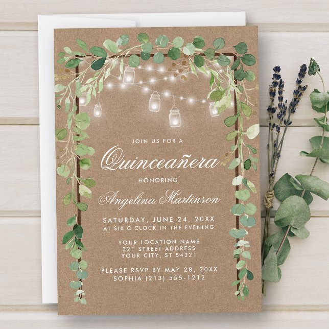 Quinceanera Botanical Green Wood Frame Kraft Invitation (Customize to add more text or photos to back of card.)
