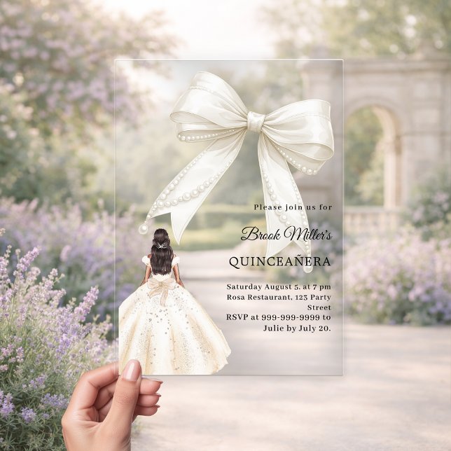 Quinceanera bow ivory dress cream clear luxury acrylic invitations (Creator Uploaded)