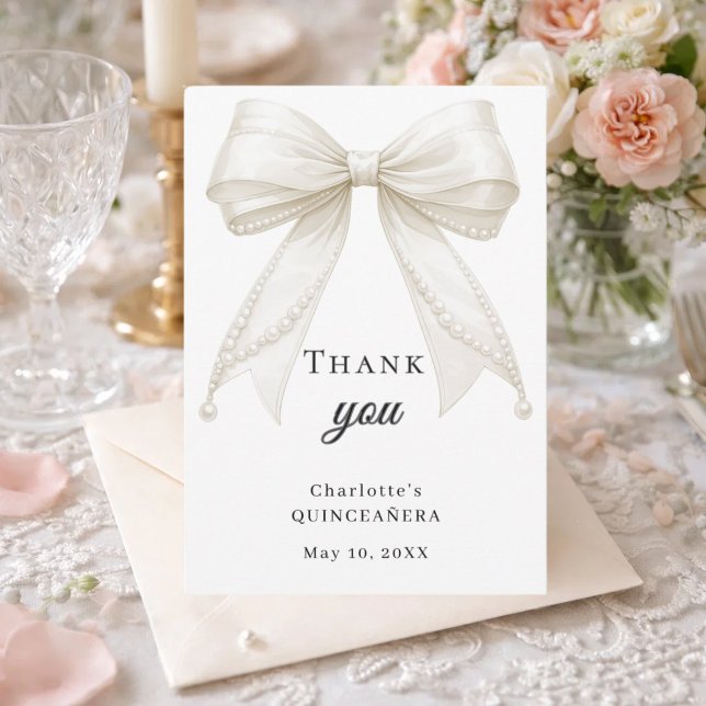 Quinceanera bow white ivory pearls thank you card (Creator Uploaded)