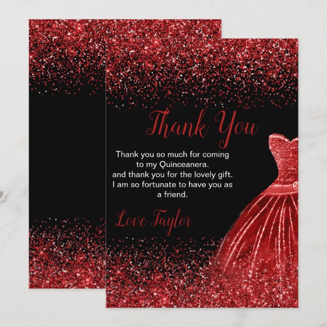 Quinceanera Bright Red Dress Faux Glitter Thank You Card (Front/Back)