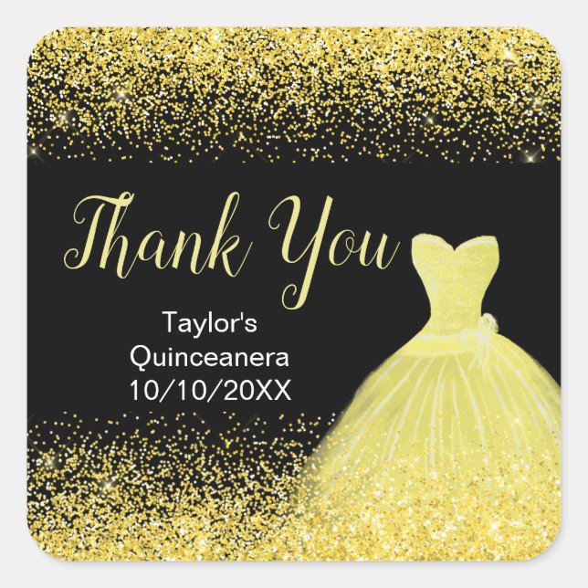 Quinceanera Bright Yellow Dress Faux Glitter Square Sticker (Front)