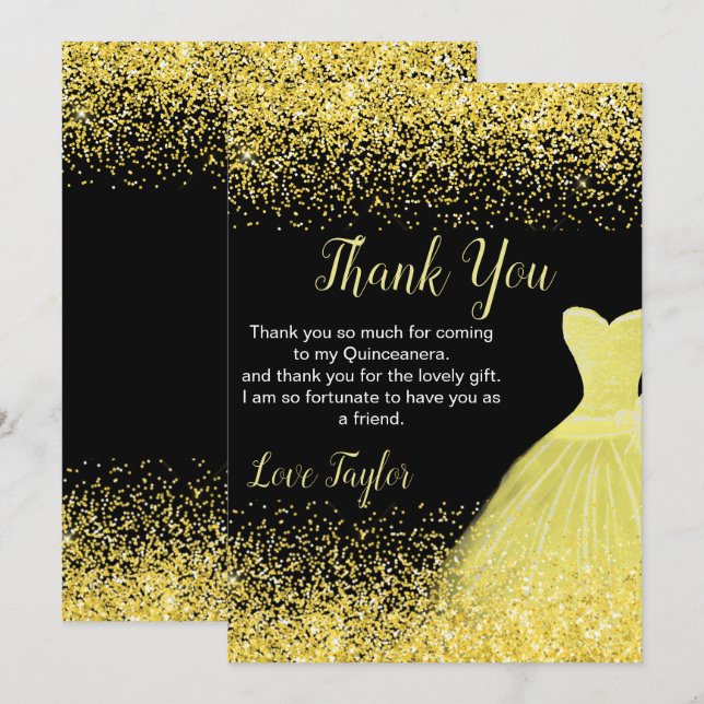 Quinceanera Bright Yellow Dress Faux Glitter Thank You Card (Front/Back)