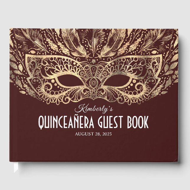 Quinceanera Burgundy and Gold Guest Book (Front)