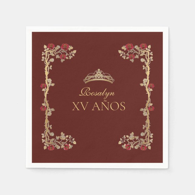Quinceanera Burgundy and Gold  Napkin (Front)