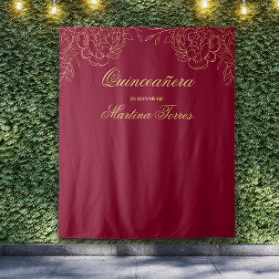 Quinceanera Burgundy and Gold Photo Booth Backdrop Tapestry