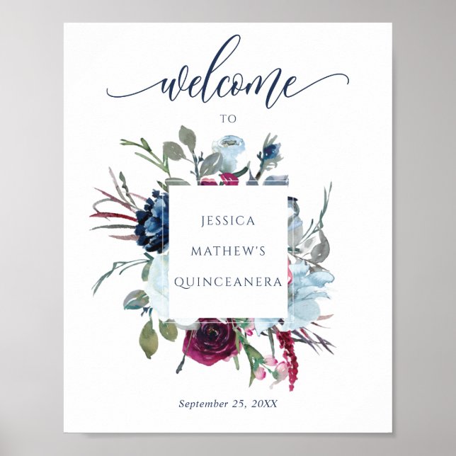Quinceañera Burgundy, Berry & Blue Welcome Sign (Front)