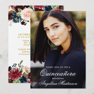 Quinceanera Burgundy Blue Pink Floral Photo Invitation