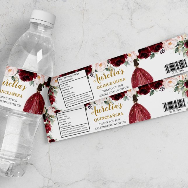 Quinceañera Burgundy Blush Floral 16th Birthday  Water Bottle Label (Creator Uploaded)