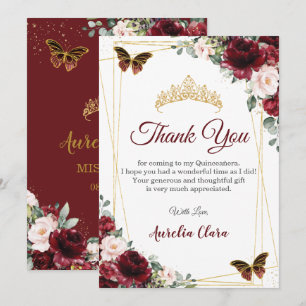 Quinceañera Burgundy Blush Floral Butterflies  Thank You Card