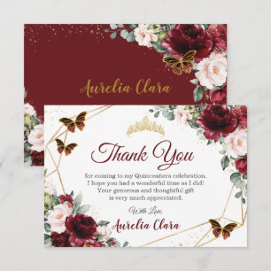 Quinceañera Burgundy Blush Floral Butterflies  Thank You Card
