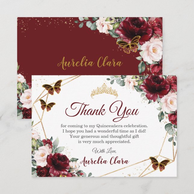 Quinceañera Burgundy Blush Floral Butterflies  Thank You Card (Front/Back)