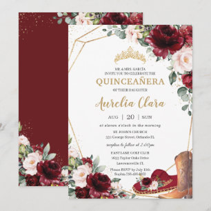 Quinceañera Burgundy Blush Floral Charro Hat Boot Invitation