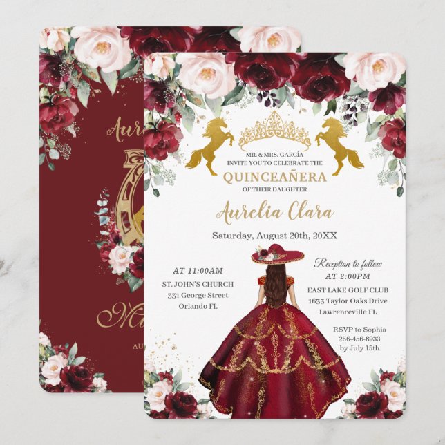 Quinceañera Burgundy Blush Floral Charro Horses Invitation (Front/Back)