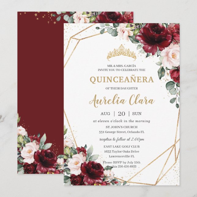 Quinceañera Burgundy Blush Floral Geometric Gold  Invitation (Front/Back)