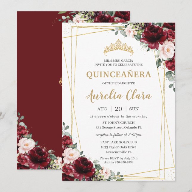 Quinceañera Burgundy Blush Floral Geometric Gold   Invitation (Front/Back)